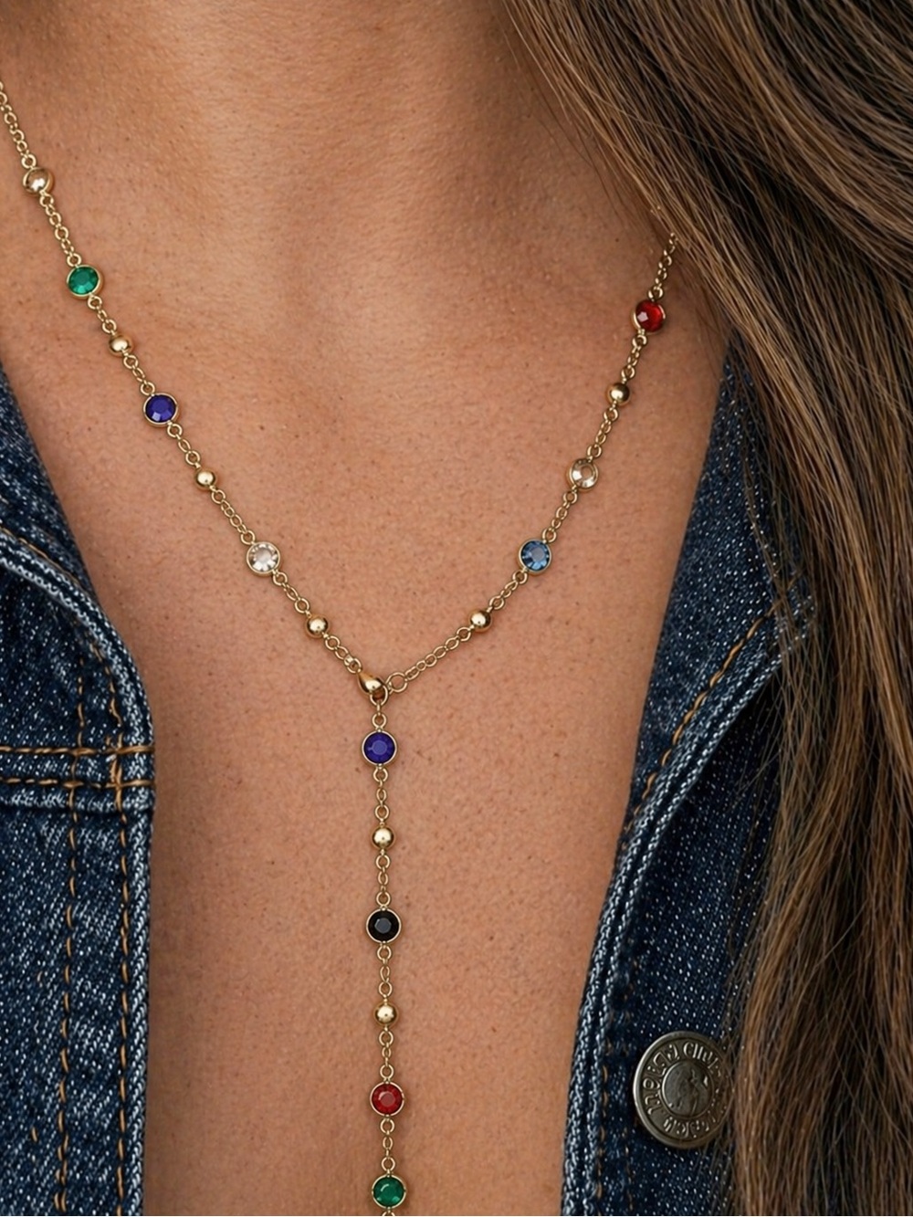 Gold Tone Multi-Colored Bezel Rhinestone Long Necklace